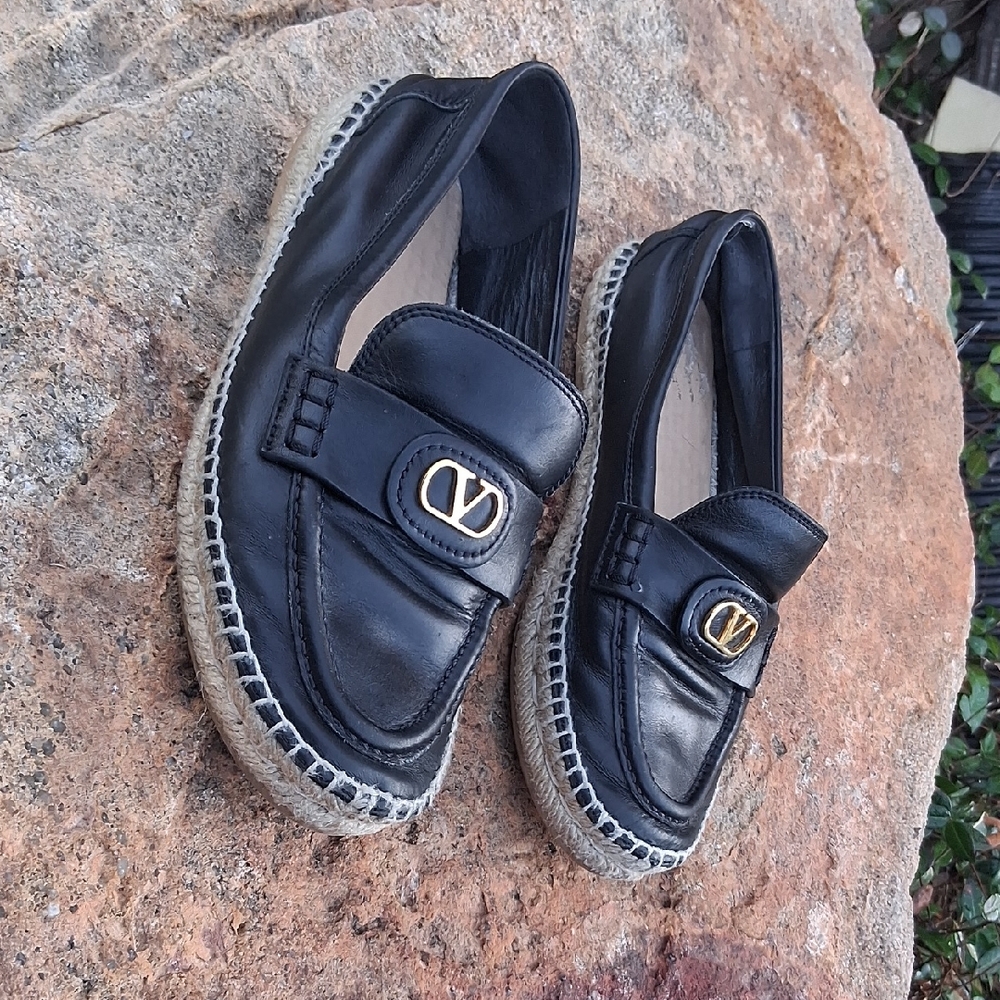 Valentino Garavani Black Leather Loafers with Gold Logo